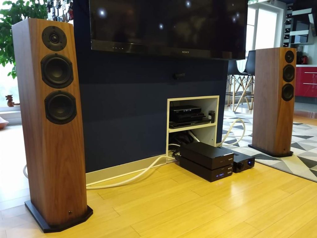 Kolumny podłogowe Audio Physic w orzechu — system stereo z DAC i TV