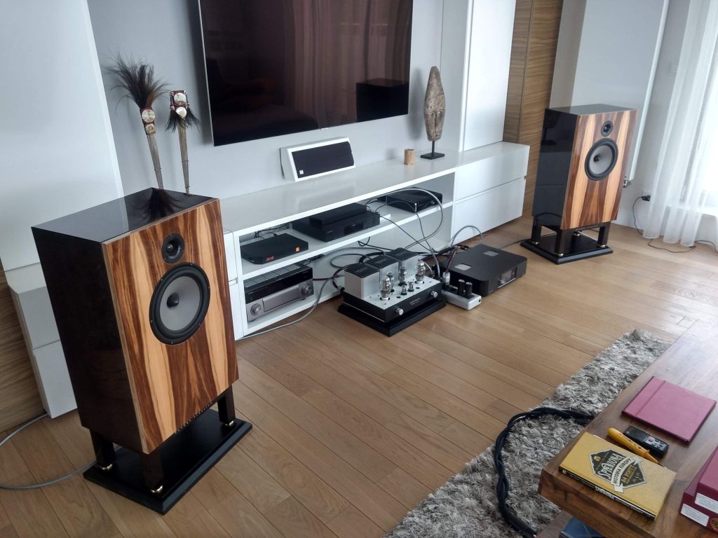 Kolumny szeroko pasmowe Devore Fiedelity hi-end, lampowy wzmacniacz Sophia Electric i TV — nowoczesny salon audiofila