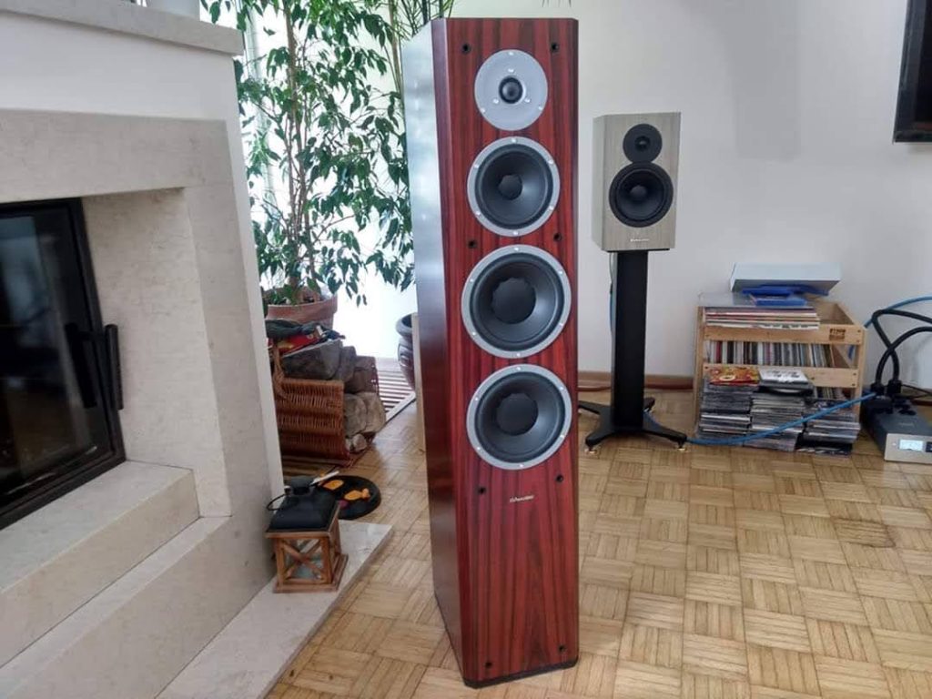 Wysokie kolumny podłogowe hi-end Dynaudio palisandrze — odsłuch przy kominku